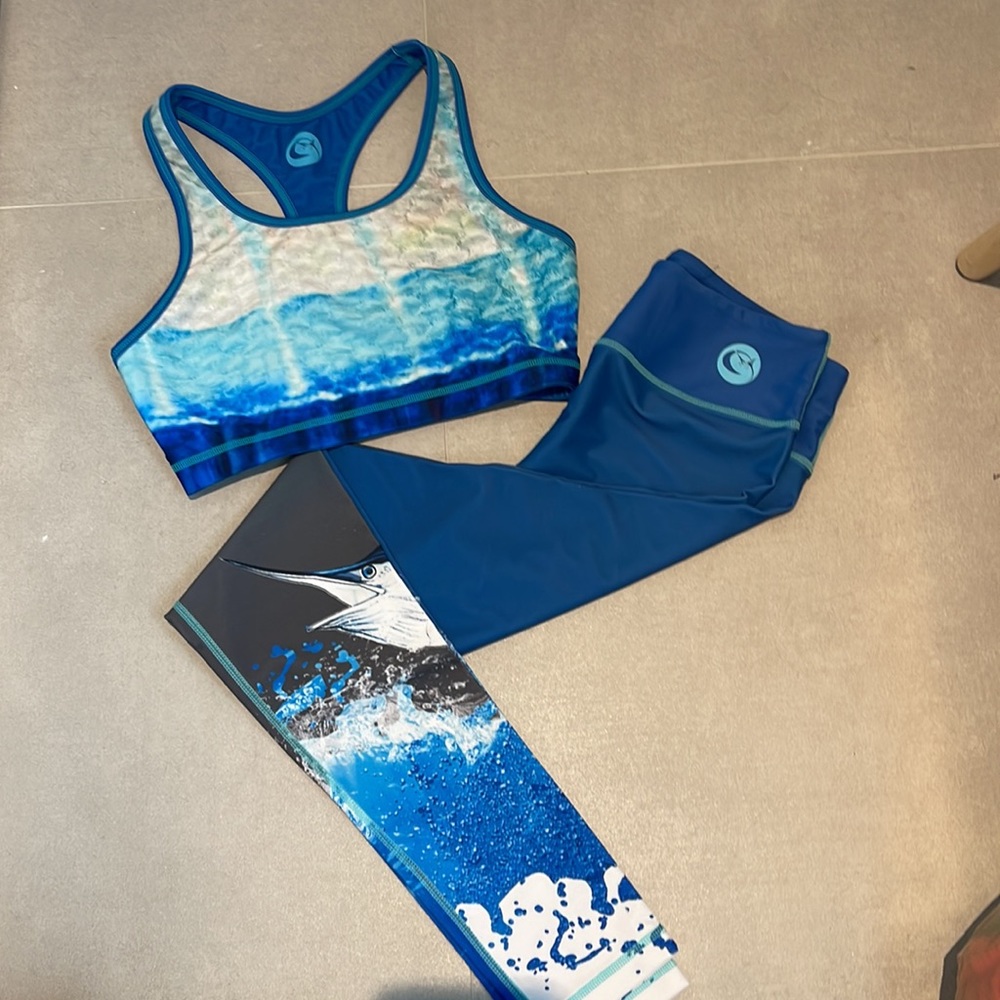 Wave life women XS UV50+ LEGGING and reversible SPORT BRA set blue marlin